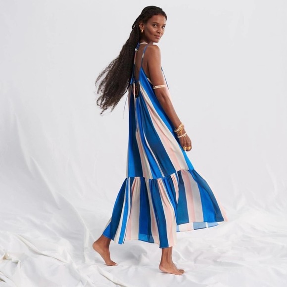 LEMLEM X H&M Blue and Pink Satin Ruffled Stripe Maxi Dress Size M - Picture 15 of 16